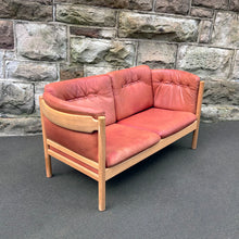 Load image into Gallery viewer, Danish Vintage 2 seat Leather &amp; Beech Sofa
